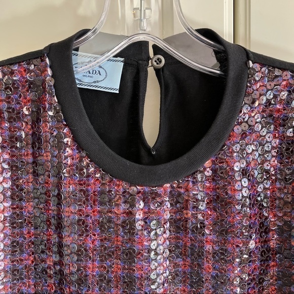 Prada | Red and Blue Plaid Sequin Short Sleeve Crew Neck Top - Picture 4 of 7